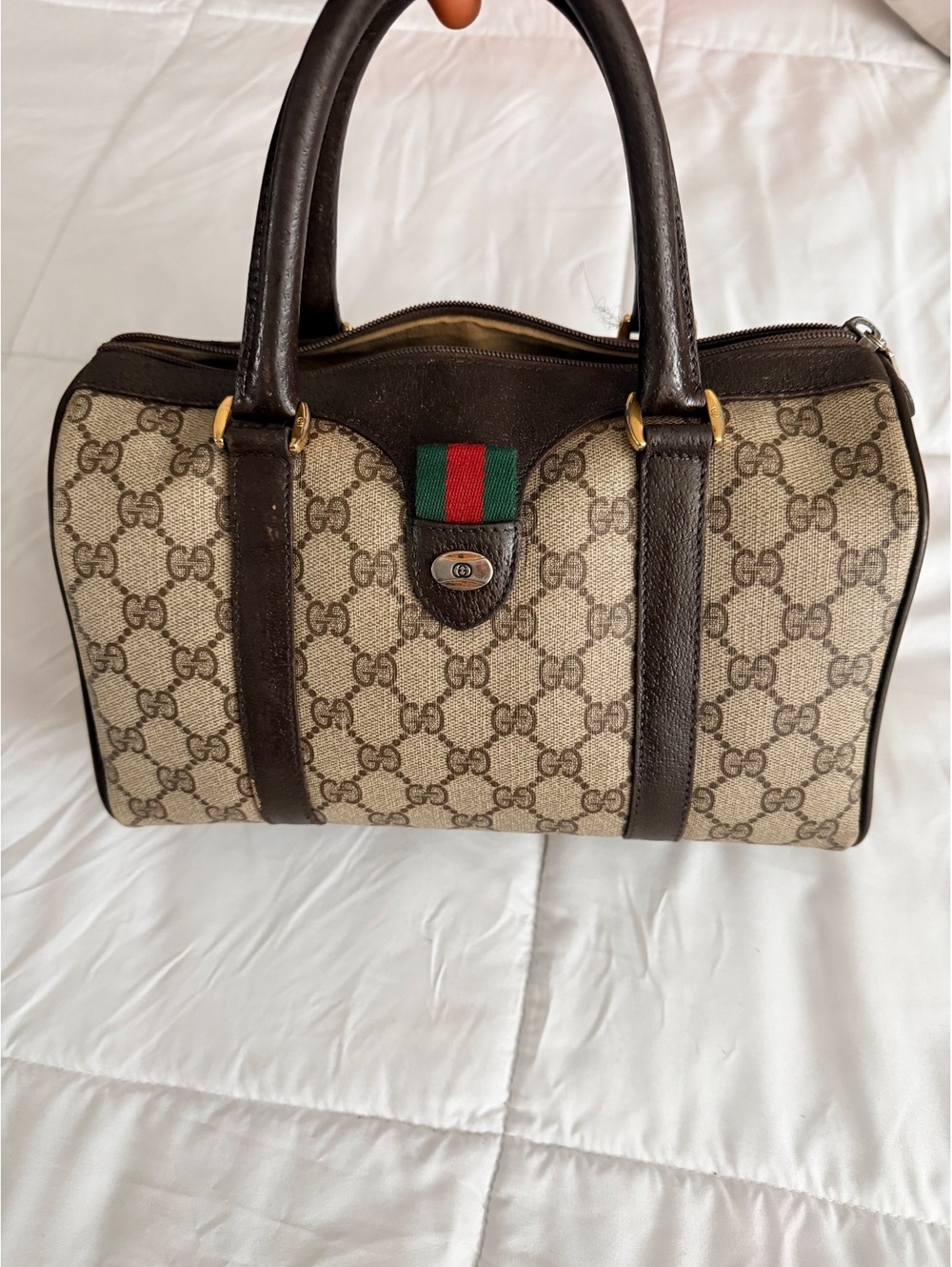 Authentic Gucci GG Canvas Boston Handbag with Leather Trim